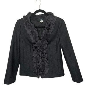 J. Crew 100% Wool Jacket Ruffled Pleated Silk Trim Dark Gray Lined Blazer Size 2